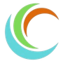 Logo astratto circolare con linee curve sovrapposte di colore ciano, verde e arancione su sfondo bianco.