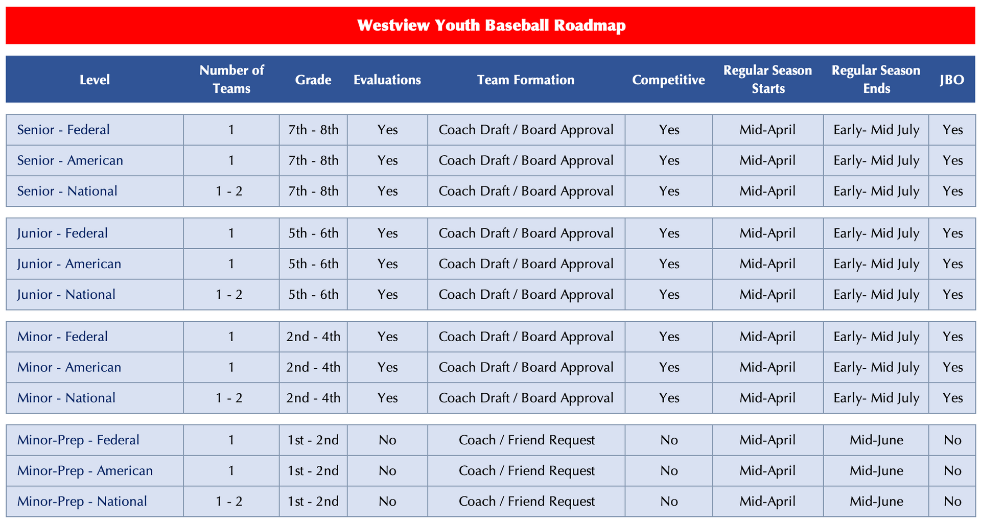 Junior Baseball Organization age and skill levels