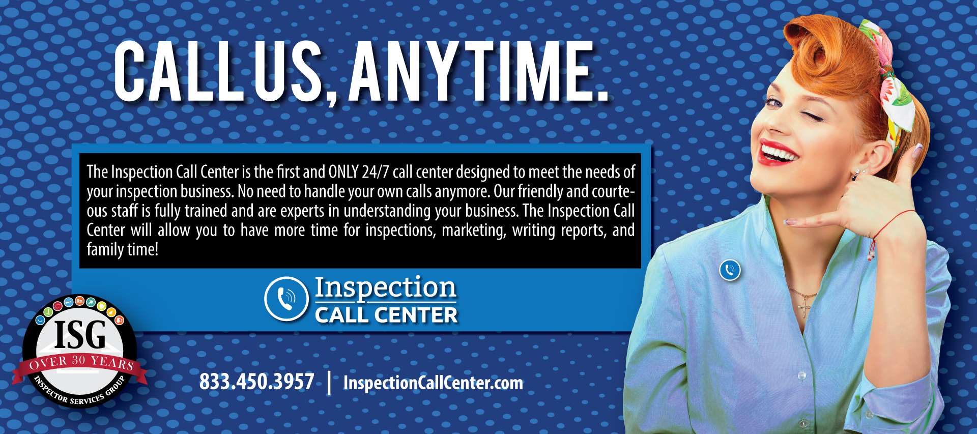 A woman is making a call us anytime sign