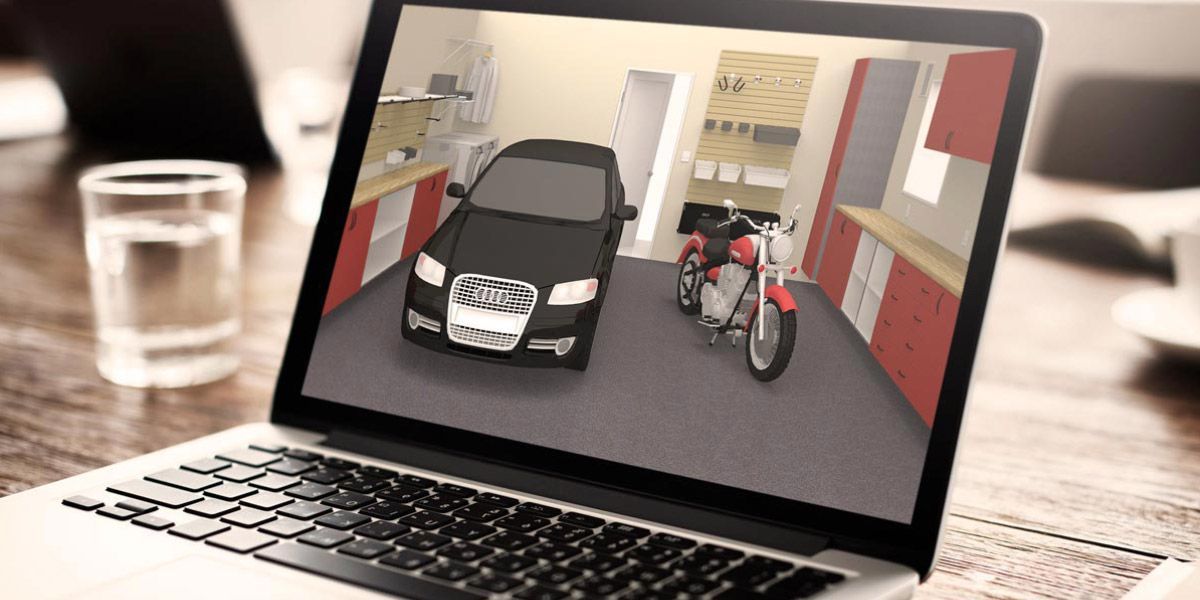 a laptop computer with a mockup design for custom garage storage system .