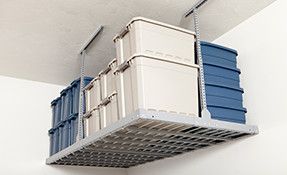 ceiling mounted overhead storage rack .