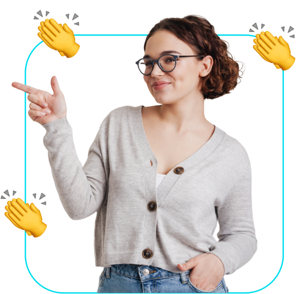 Woman in glasses pointing left on a white background with clapping hand icons and a blue border