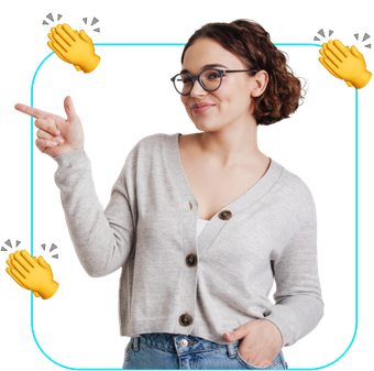 Woman in glasses pointing left on a white background with clapping hand icons and a blue border