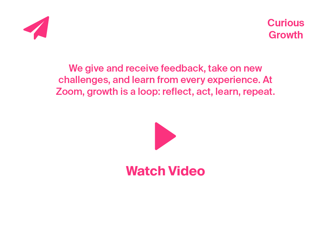 White webpage with pink “Curious Growth” text, a play icon, and “One team, many voices—moving in sync. Watch Video”