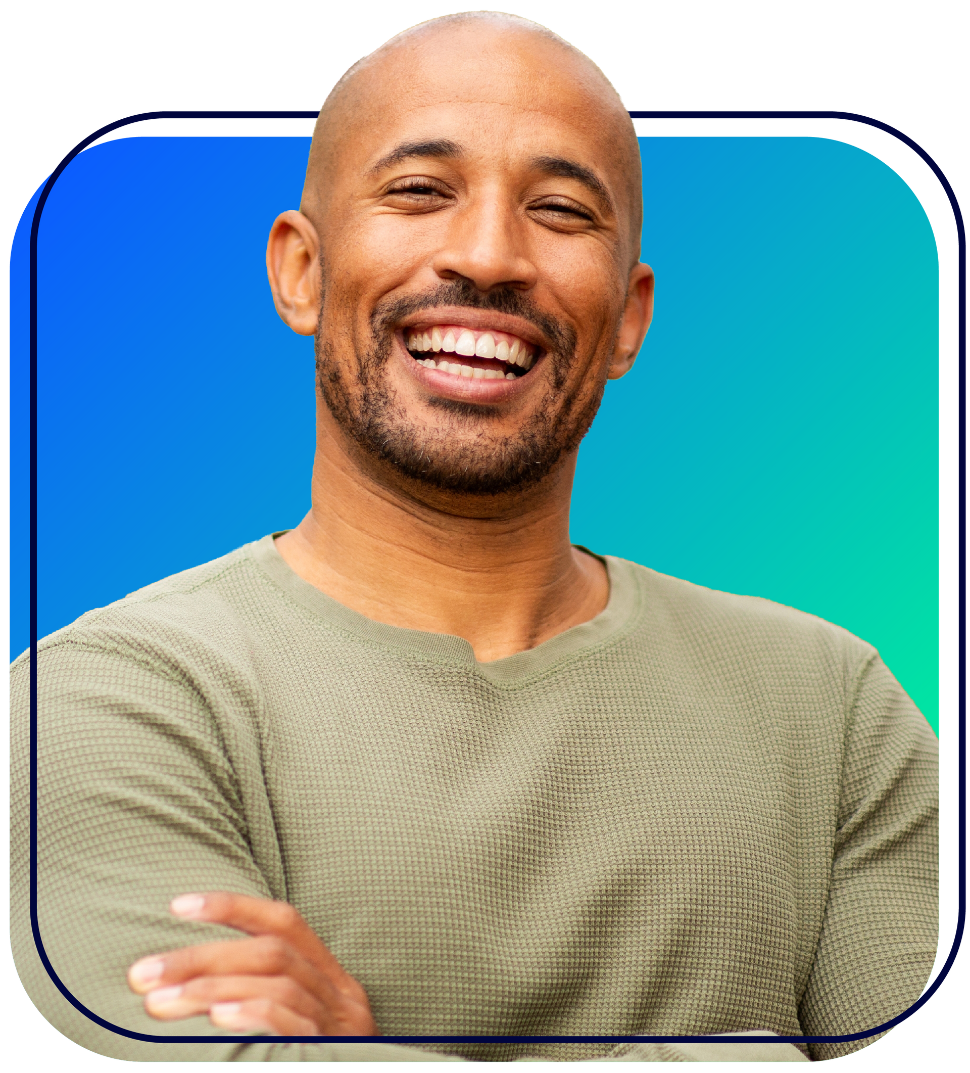 Smiling customer service agent wearing a headset on a blue background