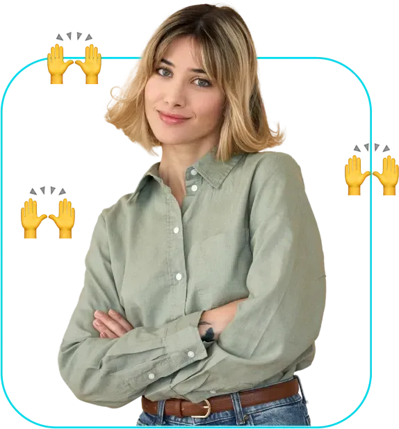 Woman in a light green shirt with arms crossed, standing against a white background with blue rounded border.