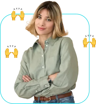 Woman in a light green shirt with arms crossed, standing against a white background with blue rounded border.