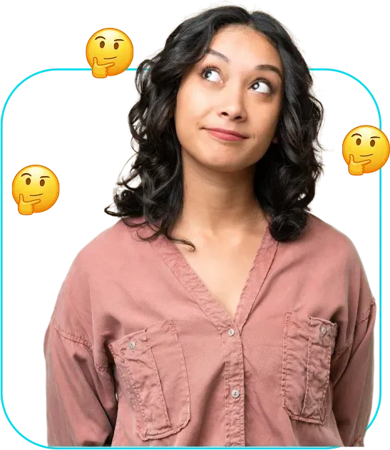 Person in a pink shirt looking up thoughtfully, surrounded by thinking-face emojis on a white background