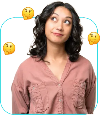 Person in a pink shirt looking up thoughtfully, surrounded by thinking-face emojis on a white background