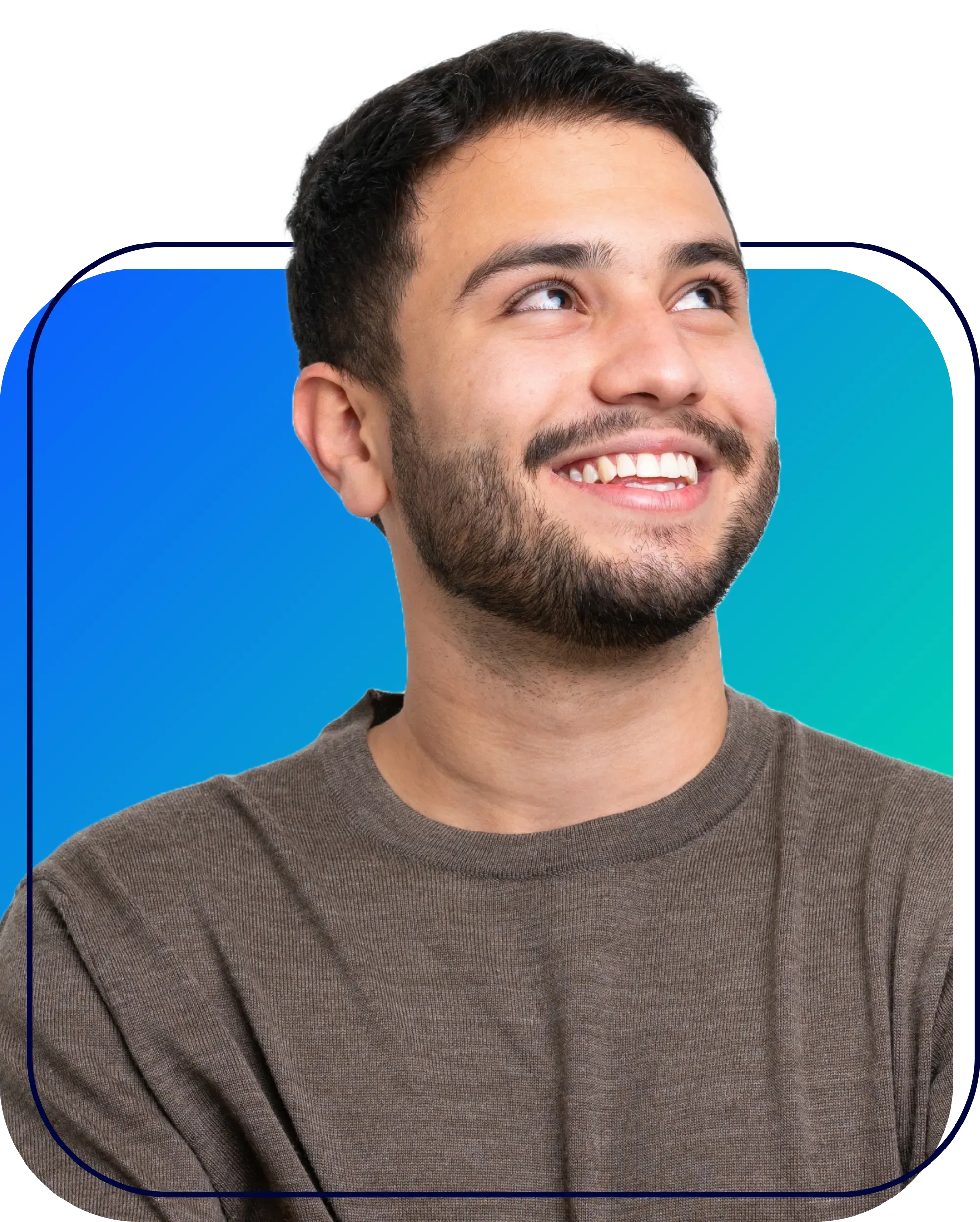 Smiling man looking up against a blue-to-teal gradient background