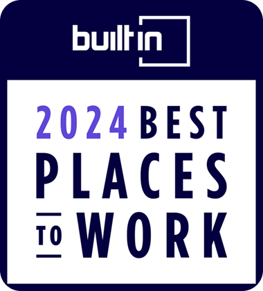 Built In 2024 Best Places to Work award badge in blue, white, and purple
