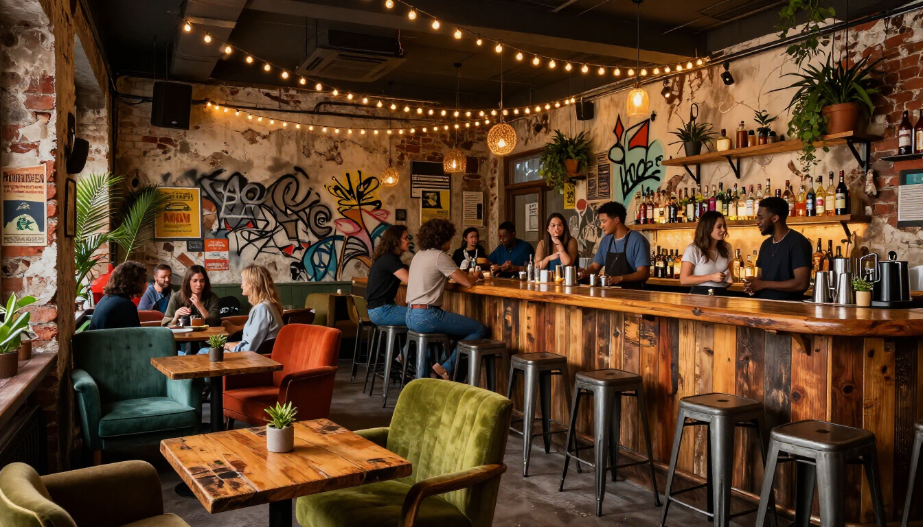 Ruin bar interior with colorful lights