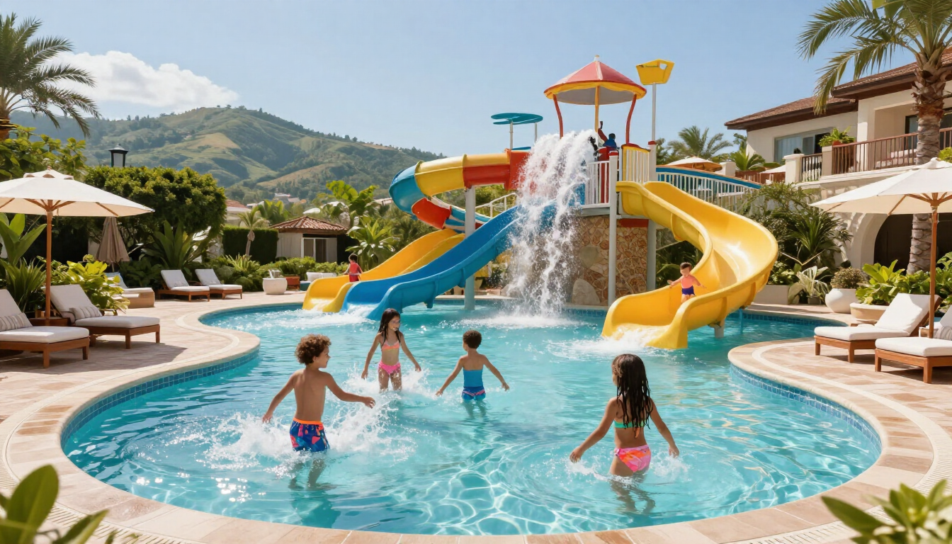 A luxury family resort in Europe with a pool and palm trees under a blue sky.