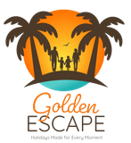 Golden Escape logo with palm trees, sunset, and family silhouettes on a beach link to home page
