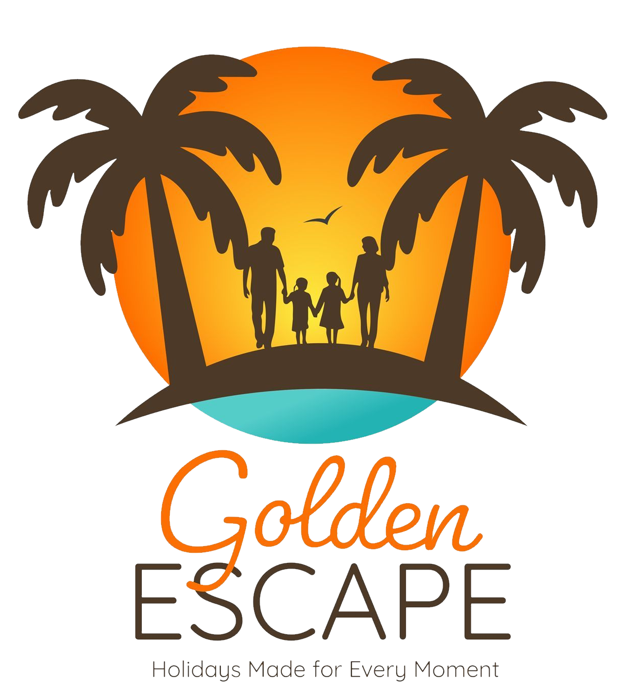 Golden Escape logo with palm trees, sunset, and family silhouettes on a beach link to home page