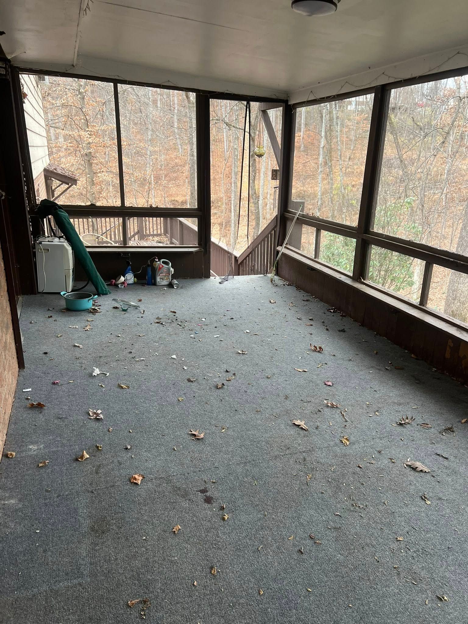 Empty screened-in porch with carpet, large windows, and a green vacuum cleaner.