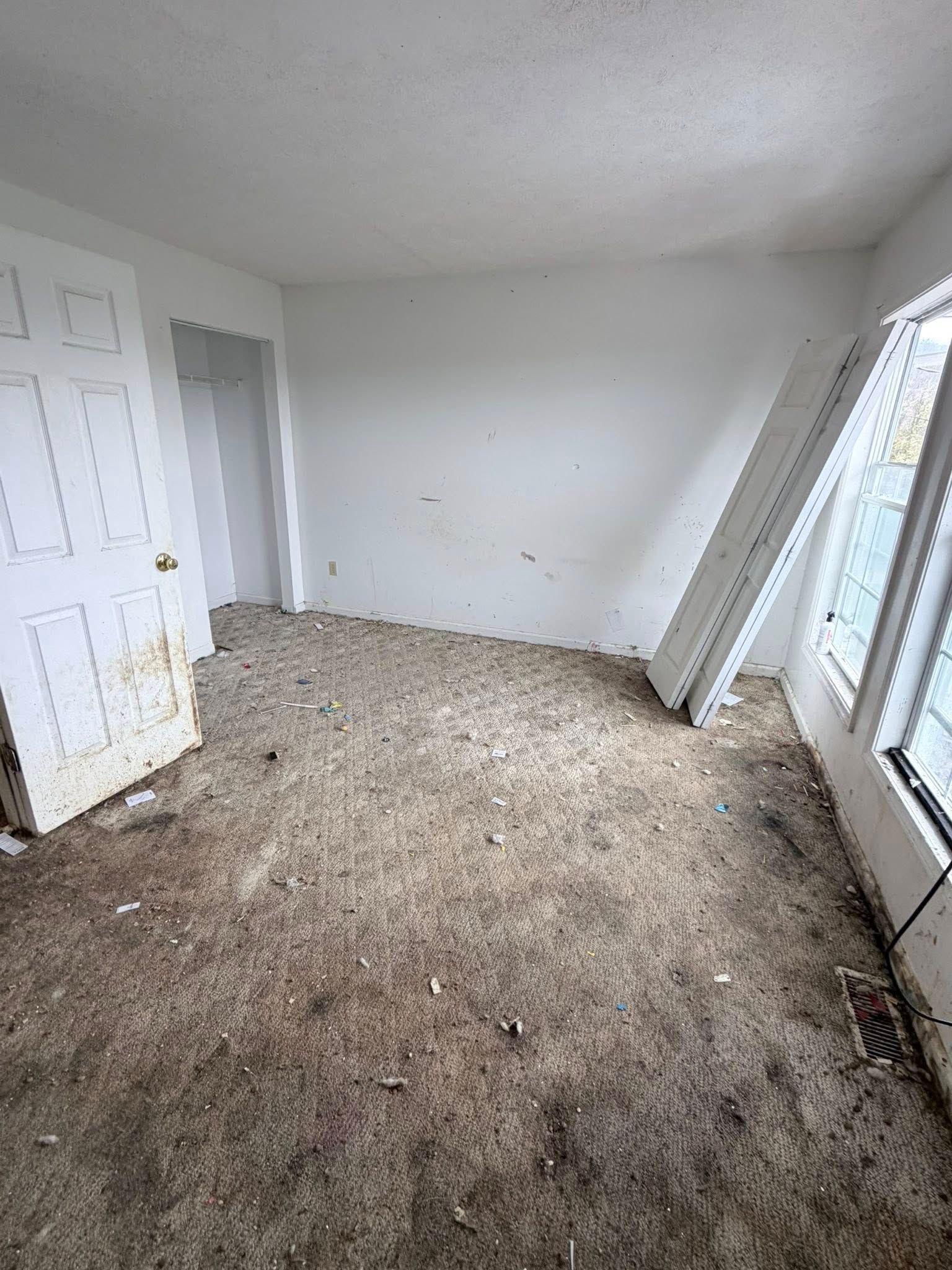 Empty carpeted room with white walls, closet door, and windows along the right side.