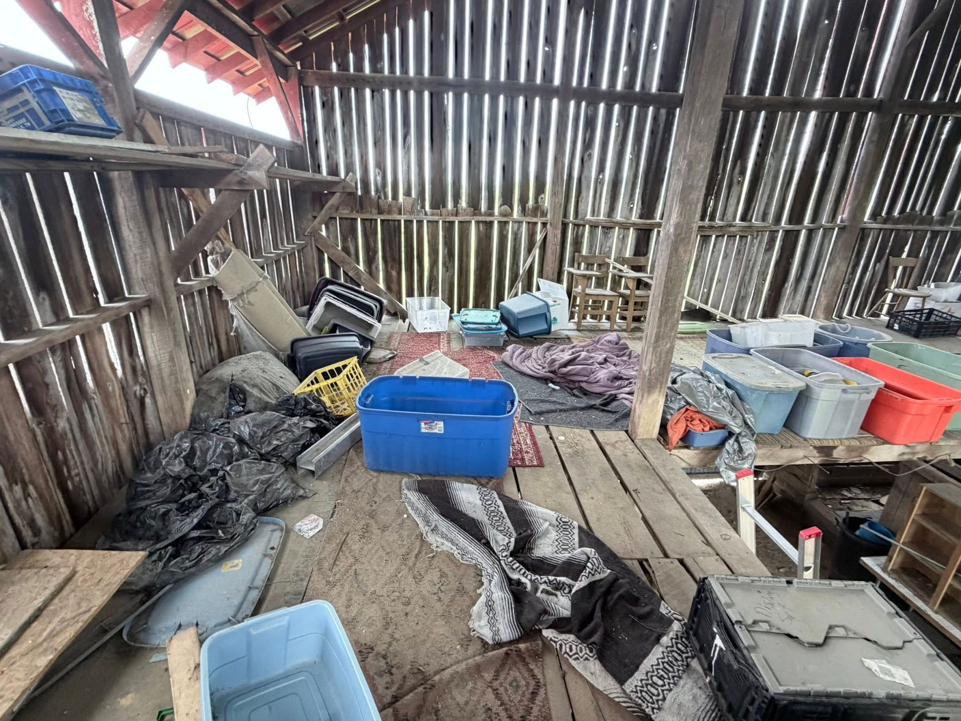 Small wooden shed interior with scattered bags, bins, and a blue cooler on the floor