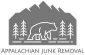 Gray logo with bear, pine trees, and mountains above “Appalachian Junk Removal” text