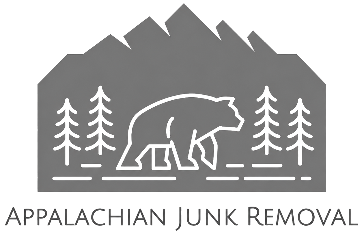 Gray logo with bear, pine trees, and mountains above “Appalachian Junk Removal” text