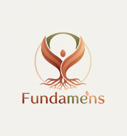 Het Fundamens-logo met een gestileerde oranje figuur en wortels in een cirkelvormig embleem op een witte achtergrond.