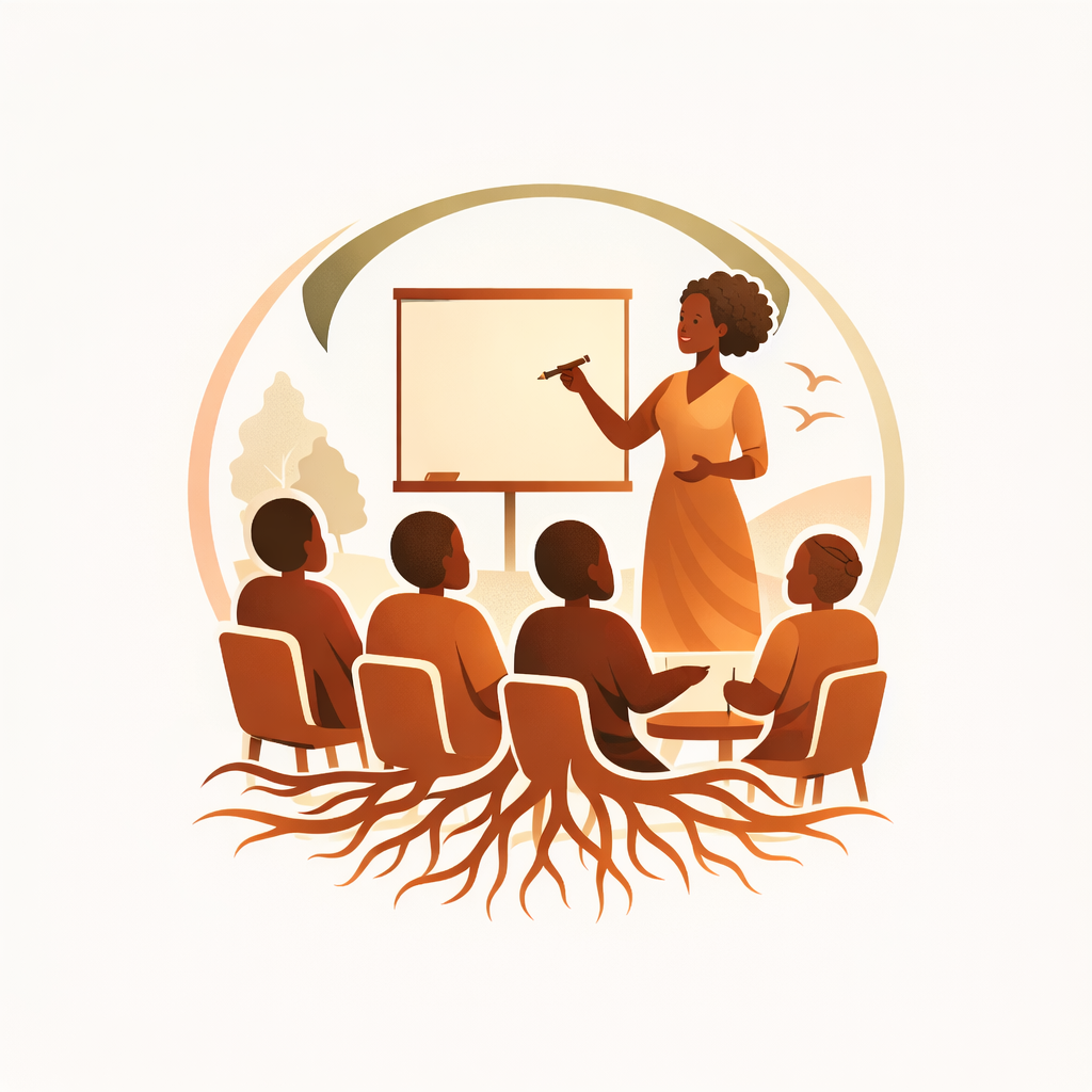 De workshopleider geeft een presentatie aan een zittende groep onder een boom met zichtbare wortels, in warme bruine tinten.