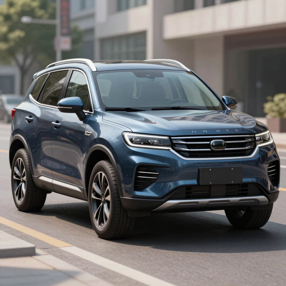 SUV blu che percorre una strada cittadina vicino a edifici moderni.