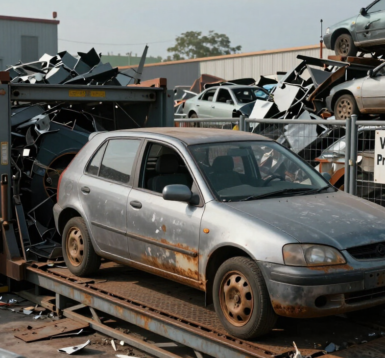Un operatore di carro attrezzi fissa un'auto blu su un camion con pianale in una giornata di sole.