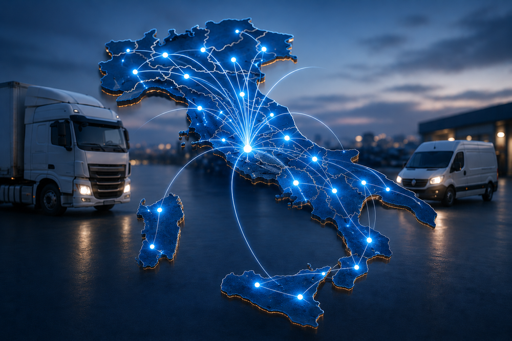 Mappa digitale blu dell'Italia che brilla tra i camion su una strada bagnata al crepuscolo