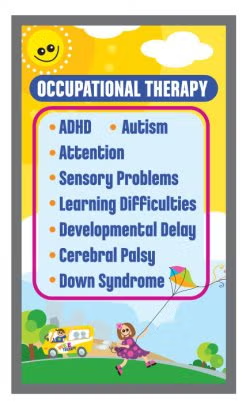Occupational therapy poster listing ADHD, autism, attention, sensory problems, learning difficulties, developmental delay, CP, Down syndrome