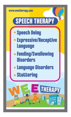 Colorful speech therapy poster listing speech delay, expressive/receptive language, feeding/swallowing, language disorders, stuttering