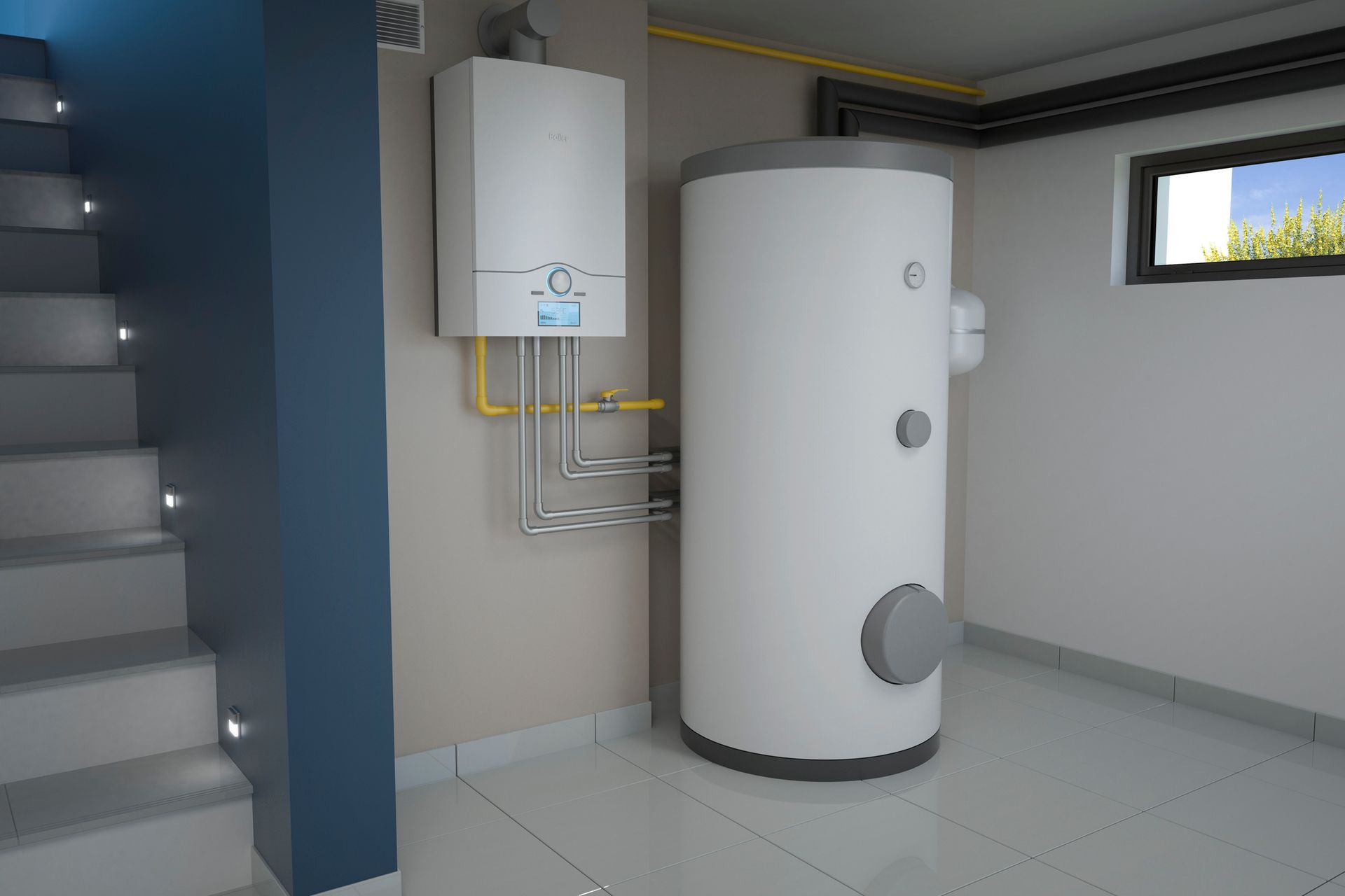 A room with a heater and a water heater in it.