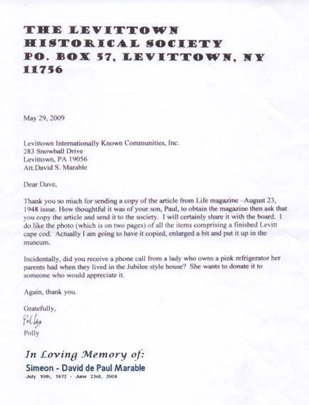 Typed letter on Levittown Historical Society letterhead, dated May 25, 2006.