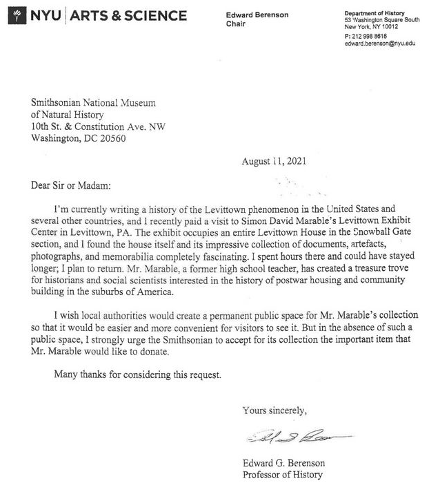 NYU letter on letterhead to Smithsonian National Museum of Natural History, dated August 11, 2021