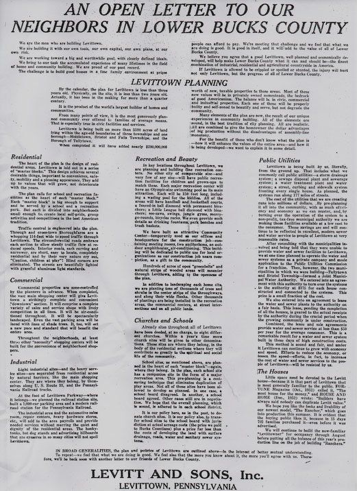 Black-and-white newspaper ad titled “An Open Letter to Our Neighbors in Lower Bucks County” with dense text columns.