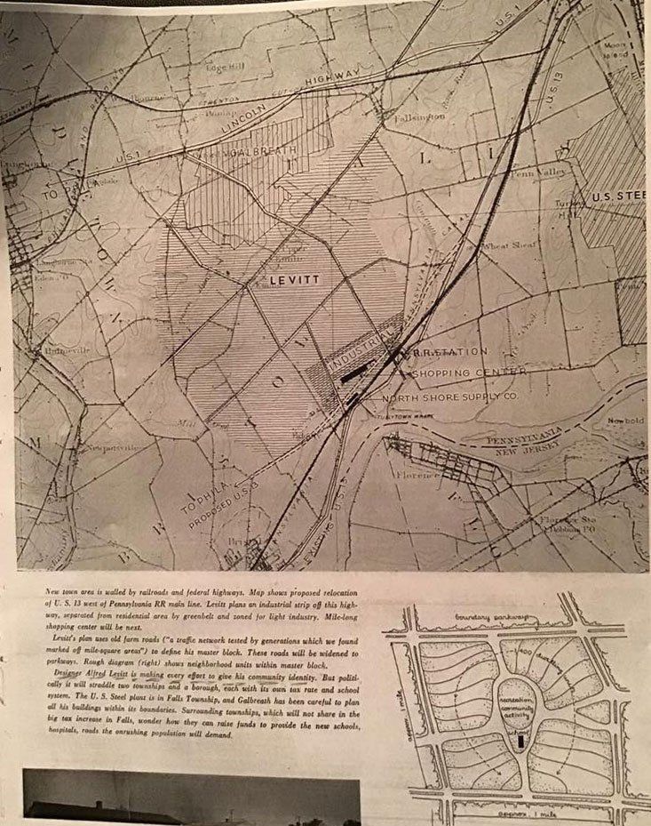 Sepia historical map with roads, land plots, and a small inset diagram at the bottom right.