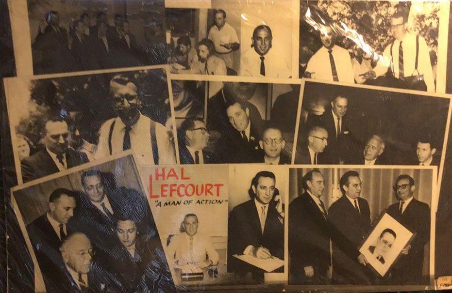 Collage of black-and-white event photos and a central poster reading “Hal Lefcourt” in warm sepia tones