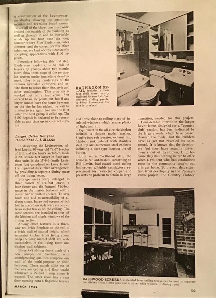 Scanned magazine page with columns of text and two black-and-white interior photos of a room and kitchen.