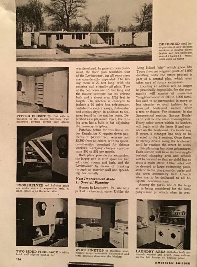 Vintage magazine page showing house and room photos with captions and a central text article.