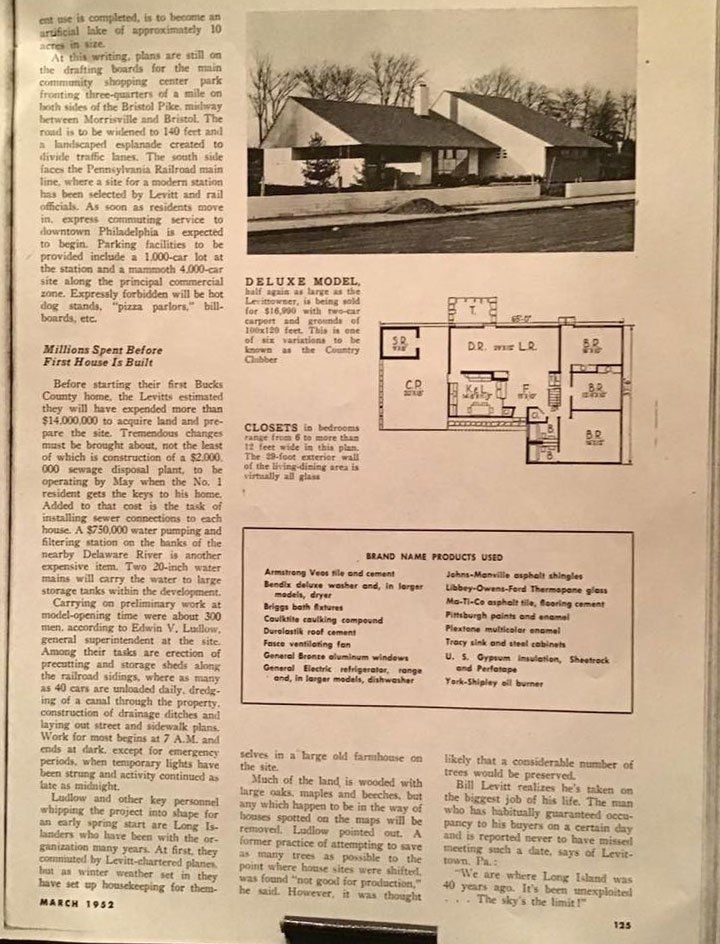Magazine page with house photo, floor plan, and text columns describing a home design