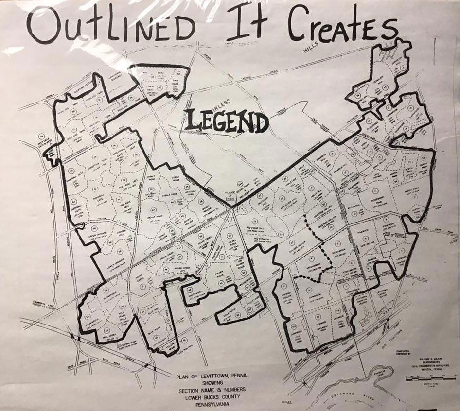 Black-and-white map artwork labeled “Outlined It Creates” with a large outlined shape and legend.