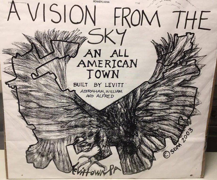 Hand-drawn poster reading “A Vision from the Sky” with an eagle and “An All American Town” text.
