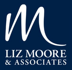 Blue logo with white stylized “M” and text “LIZ MOORE & ASSOCIATES”