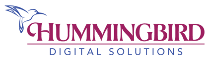 Hummingbird Digital Solutions logo with blue hummingbird and maroon text on a white background