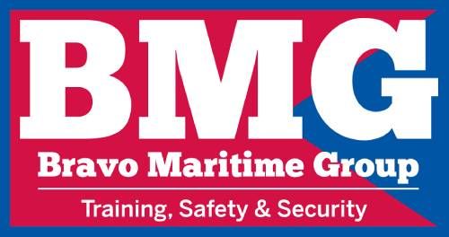 BMG logo on red and blue background, reading “Bravo Maritime Group” and “Training, Safety & Security”