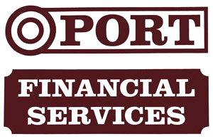 Maroon and white “PORT FINANCIAL SERVICES” logo with bold block lettering