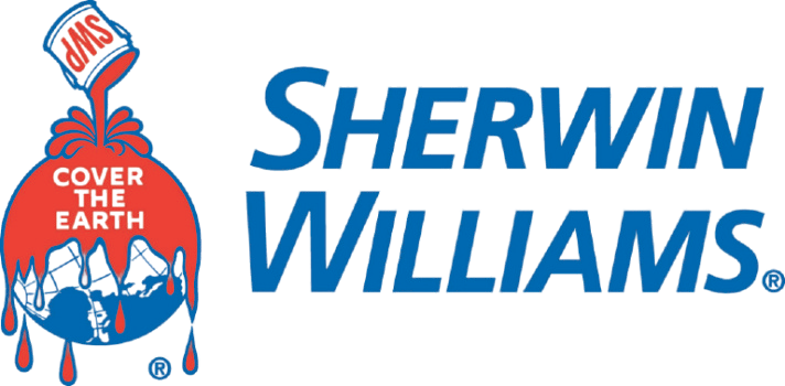 Sherwin-Williams logo with blue text and a red paint can covering the Earth.