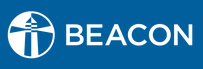 BEACON logo in white on a blue background with a circular lighthouse icon