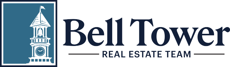 Bell Tower Real Estate Team logo with blue bell tower icon and black text on white background