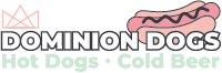 Dominion Dogs logo with pink hot dog and the words “Hot Dogs. Cold Beer.”